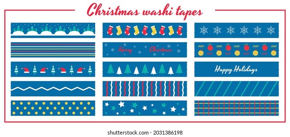 Set of Christmas washi tapes. Photo frame border. Winter holiday stickers, strips.