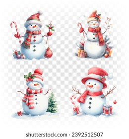 Set of Christmas watercolor elements snowmen. Holiday clipart for Christmas card, sticker and print.