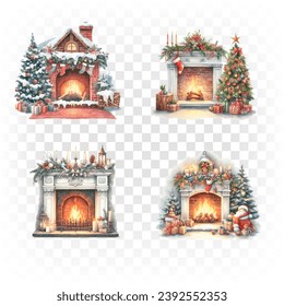 Set of Christmas watercolor fireplace elements. Holiday clipart for Christmas card, sticker and print.