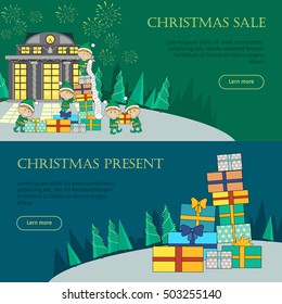 Set of Christmas web banners. Flat design. Merry Christmas, Christmas sale, Christmas present concepts with fairy elfs, shopping family, pile of gift boxes. For store seasonal sales and discounts page