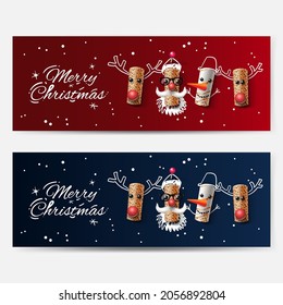 Juego de banners web de Navidad, personajes navideños de corcho de vino, ilustración vectorial.