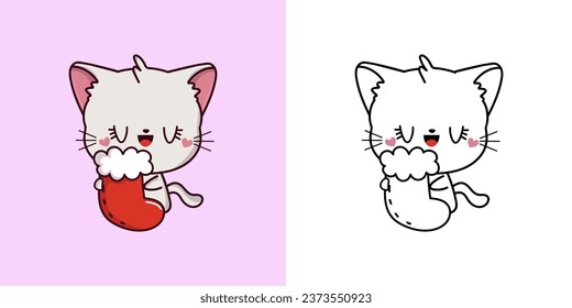 Set Christmas White Cat Multicolored and Black and White. Kawaii Clip Art Christmas Kitty. Cute Vector Illustration of a Kawaii Animal for Christmas Stickers. 