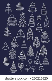 Set of Christmas white trees isolated on dark background. Vector illustration. Graphic design editable for your design.