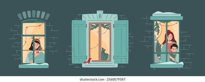 Set of Christmas window decorated with lights, fir branches with characters: girl, mother and sun, cat. Snowfall, warm Christmas or New Year atmosphere. Cozy winter evening. Vector illustration