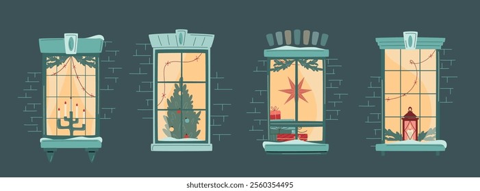 Set of Christmas window decorated with lights, fir branches, pile of gift boxes and decorated christmas tree. Cozy winter evening. Snowfall, warm Christmas or New Year atmosphere. Vector illustration