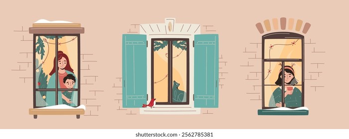 Set of Christmas window decorated with lights, fir branches with characters: girl, mother and sun, cat. Cozy winter evening. Snowfall, warm Christmas or New Year atmosphere. Vector illustration