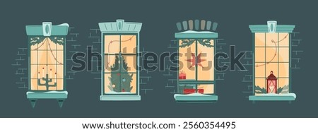 Set of Christmas window decorated with lights, fir branches, pile of gift boxes and decorated christmas tree. Cozy winter evening. Snowfall, warm Christmas or New Year atmosphere. Vector illustration