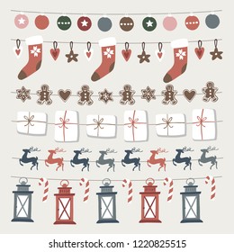 Set of Christmas, winter birthday decorative borders, strings. Party decoration banners. Christmas balls, Santas socks, lanterns, gingerbread cookies, deers and gift boxes. Isolated vector objects.