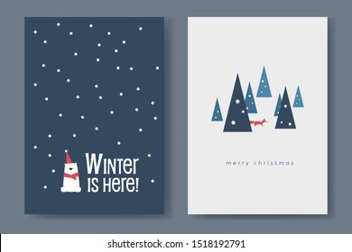 Set of christmas and winter card vector templates. Cute polar bear with santa hat and fox in the forest. Winter holiday season. Eps10 illustration.