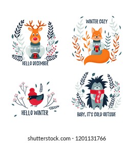 Set of Christmas / winter cards with cute forest animals. Vector illustration. Christmas design. Hello December. Winter Cozy. Hello Winter. Baby, It’s Cold Outside.