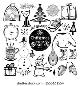Set Christmas winter cute doodle elements. Hand draw outline vector illustration isolated on white background. Winter elements for greeting cards, posters, stickers and seasonal design.