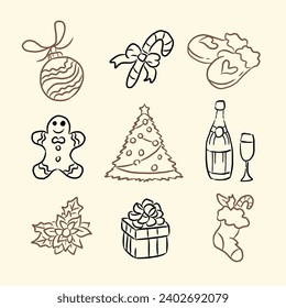 set of Christmas and winter design doodle elements. Vector hand drawn 