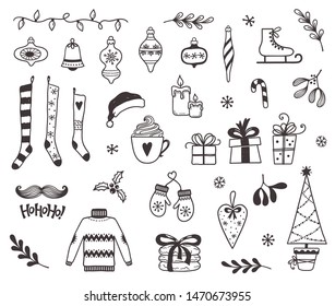 Conjunto de elementos de diseño navideño e invernal en estilo doodle