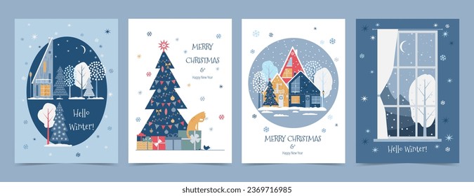 Juego de diseños de Navidad e invierno para afiches, tarjetas, portada