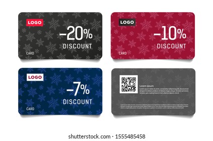 Set of Christmas or winter dicount cards with snowflakes pattern and percent numbers, simple and stylish graphic