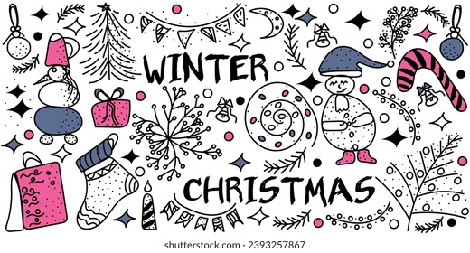 Set of Christmas and Winter in doodle style. Editable stroke. Cute colorful vector hand drawn illustration done in black, blue, pink colors with text Christmas, Winter. Isolated on white background