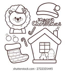 Conjunto de Navidades y dibujo de elementos de invierno con león de dibujos animados para colorear página o libro para colorear