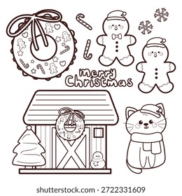 conjunto de Natal e inverno elemento desenho com desenho de desenho animado gato para colorir página ou livro de colorir