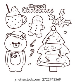 conjunto de Natal e inverno elemento desenho com urso de desenho animado para colorir página ou livro de colorir
