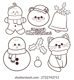 Conjunto de Navidades y dibujo de elementos de invierno con dibujos animados de gato y oso para colorear página o libro para colorear