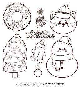 conjunto de Natal e inverno elemento desenho com desenho de desenho animado gato para colorir página ou livro de colorir