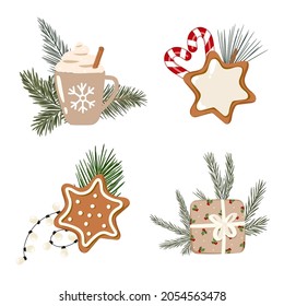 Set von Weihnachtselementen für den Winter. Weihnachtsbaum, Dekorationen, Geschenkbox, Fichtenzweig, Lebkuchen, Cappuccino-Tasse, Bonbons, Garland, Zimtstangen. Vektorgrafik für Druck, Karte, Einladen