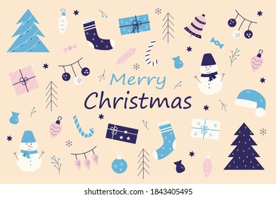 Set of Christmas winter elements, vector greeting card with Christmas drawings.