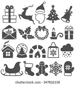 Set of Christmas Winter Flat Black Icons Isolated on White Background