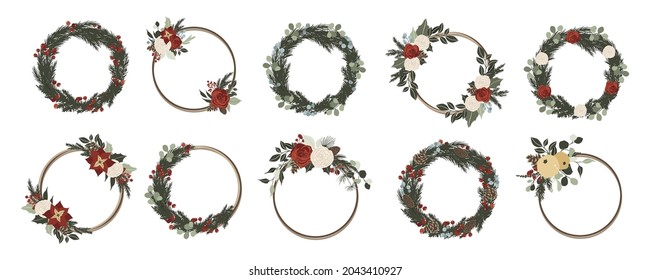 Weihnachtsrahmen und Kränze mit roten und weißen Rosen, Poinsettienblumen, Fichtenzweige, Kiefernhäute und grüne Blätter. Vektorgrafik auf handgezeichneter Cartoon-Ebene
