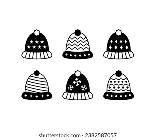 set of christmas winter hat knitted cap elements icon design simple black white style collections isolated 