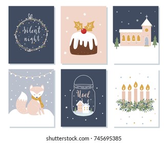 Set of Christmas and Winter Holidays Cards. Advent Wreath, Church and Lettering Signs. Vector Illustration