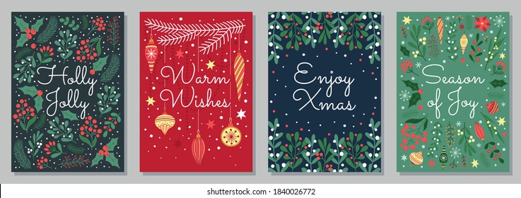 Set of Christmas and winter holidays greeting cards with hand drawn decoration elements. Vector template.