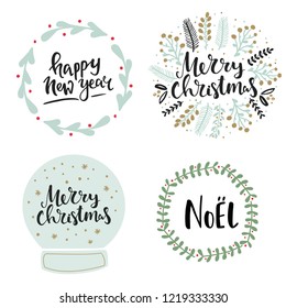 Set of christmas and winter holidays hand written lettering and floral wreaths for greeting cards, invitations and banners