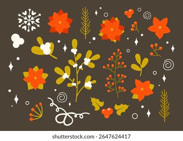 Set of Christmas and winter holidays plants, berries, flowers and leaves - holly berry, mistletoe, Christmas tree, Poinsettia. Hand drawn vector illustration isolated on dark background