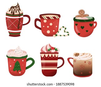 Set of Christmas of winter hot drinks. Set of winter holiday christmas cup. Cocoa with marshmallows, winter warming drinks and a cup of hot espresso. Vector illustration