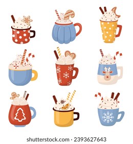 Set of Christmas winter hot drinks illustration in flat style. Coffee, cocoa tea with cream, cinnamon, marshmallows, candy cane, gingerbread cookies.