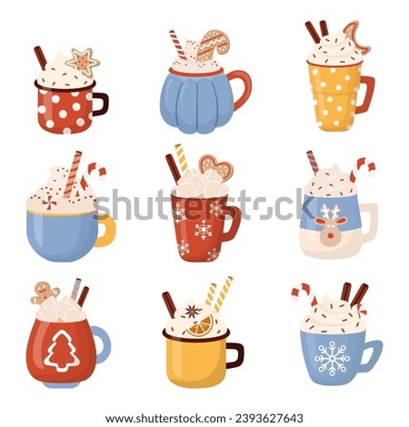 Set of Christmas winter hot drinks illustration in flat style. Coffee, cocoa tea with cream, cinnamon, marshmallows, candy cane, gingerbread cookies.