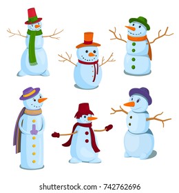 A set of Christmas, winter snowman characters. Snowmen in cardboard style, vector illustration.