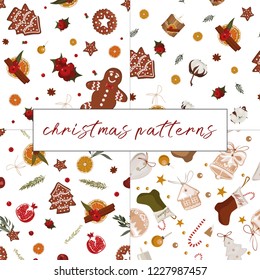 Set of christmas winter tasty patterns with cotton, cinnamon, pomegranate, candles , socks, orange decorations, gingerbread man, christmas tree and stars.