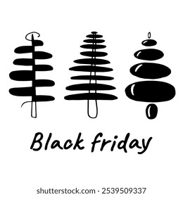 A set of Christmas winter trees. Black Christmas trees hand-drawn in vector. Black Friday, discount time. Advertising, labels, postcards, brochures, design element, web pages.