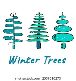 A set of Christmas winter trees. Colored Christmas trees hand-drawn in vector. For prints on clothes, postcards, posters, design element, web pages.