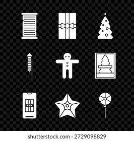 Set Christmas wish list template, Gift box, tree with decorations, Smartphone gift, star, Lollipop, Firework rocket and Holiday gingerbread man cookie icon. Vector