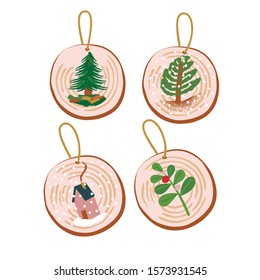 Set Of Christmas Wood Slice Ornaments For Hanging To Tree. Tree Cluster, Rustic Wooden Ornament With Snowflakes. - Vector