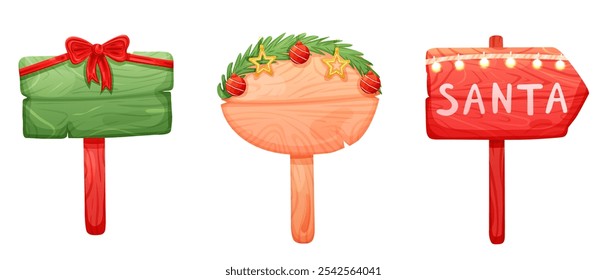 Set of Christmas wooden signboard with red bow and garland. Vector holiday illustration