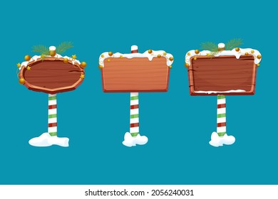 Set Christmas wooden signboard, road signs on striped stick with decoration, empty frame in cartoon style isolated on white background. Holiday decoration. Ui game asset.