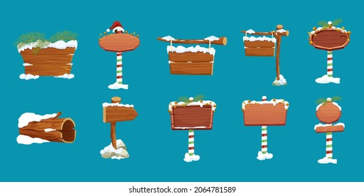 Set Christmas wooden signboard, road signs on striped stick with decoration, empty frame in cartoon style isolated on white background. Holiday decoration. Ui game asset.