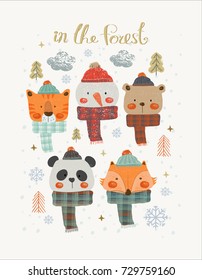 Set of Christmas Woodland Cute Animals , Forest Animals ,Can be used for baby t-shirt print, fashion print design, kids wear, baby shower celebration greeting and invitation card.