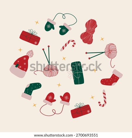 Set of christmas wool skeins and clothes in doodle style. Hand drawn collection of cozy winter elements in flat cartoon stylisation. Stickers in traditional colors