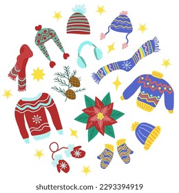 conjunto de ropa de lana de Navidad con sudaderas lindas, bufandas, sombreros. Composición redonda. Ilustración vectorial navideña en un estilo plano de caricatura para una postal o pancarta.