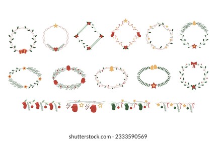 Set of christmas wreath and border element flat design illustration